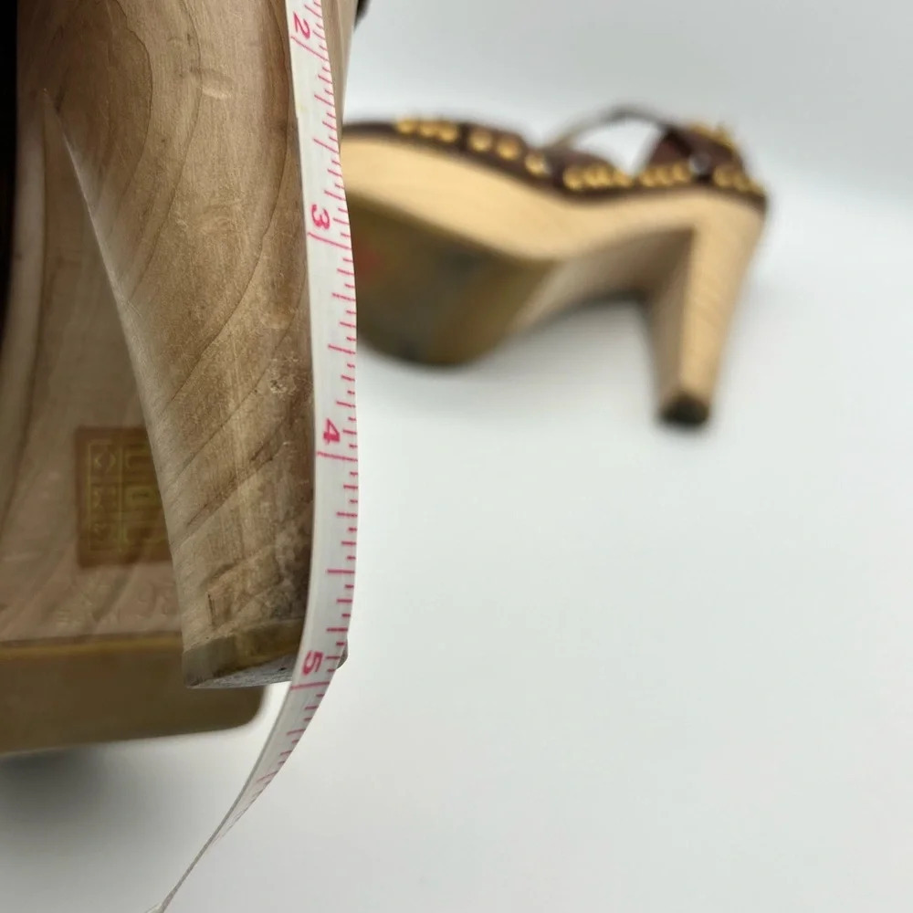 Miu Miu 36 Heel Sling Clog Wedge Platform Stud Brown Leather Wood Y2k boho tall - Picture 13 of 15